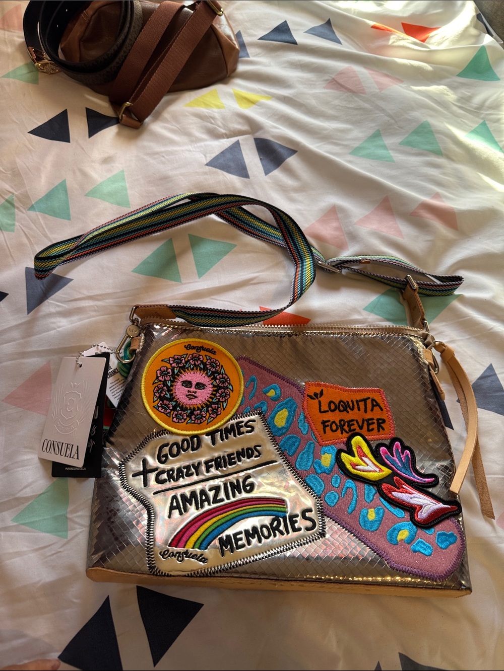 Consuela Silver Metallic Crossbody with Rainbow Strap and Colorful Patches